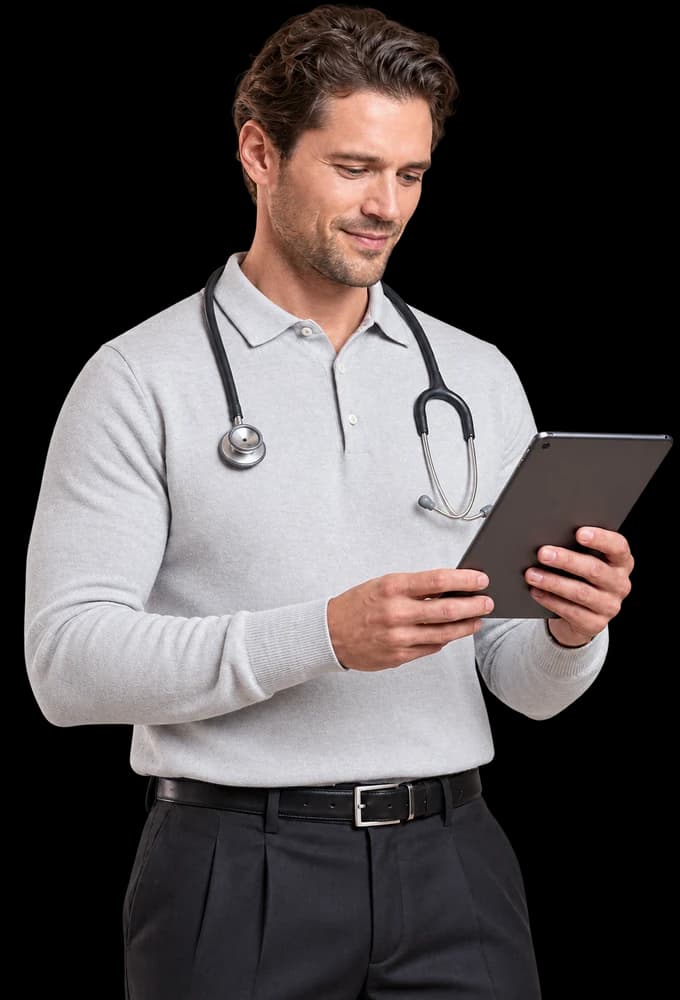 Arzt mit Stethoskop und Tablet