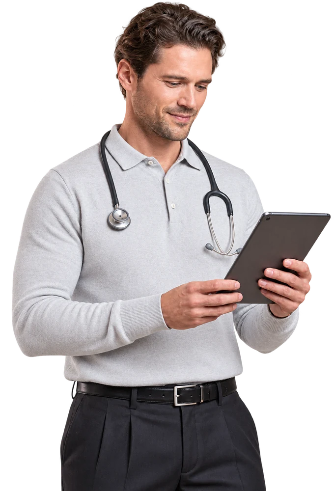 Arzt mit Stethoskop und Tablet