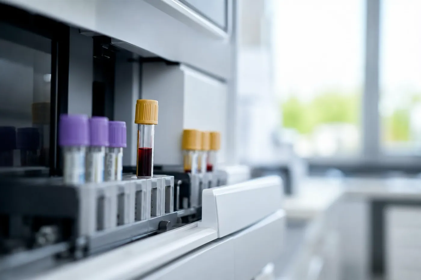 Blutröhrchen im Probenteller eines Laboranalysegeräts
