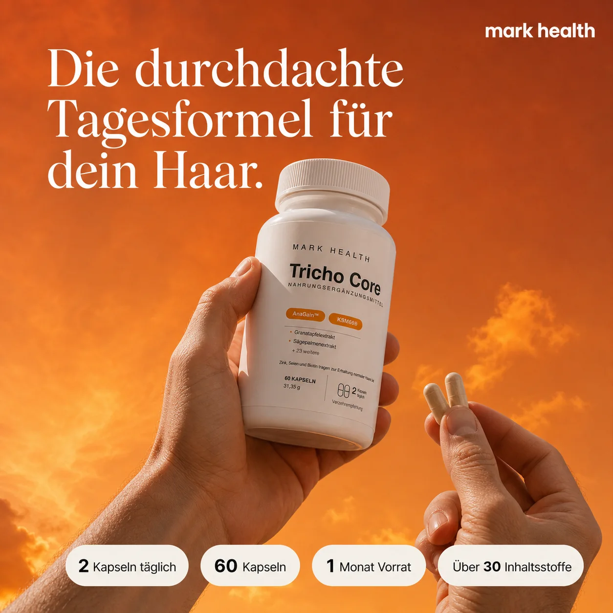 Tricho Core in der Hand: 2 Kapseln täglich, 60 Kapseln, 1 Monat Vorrat, über 30 Inhaltsstoffe